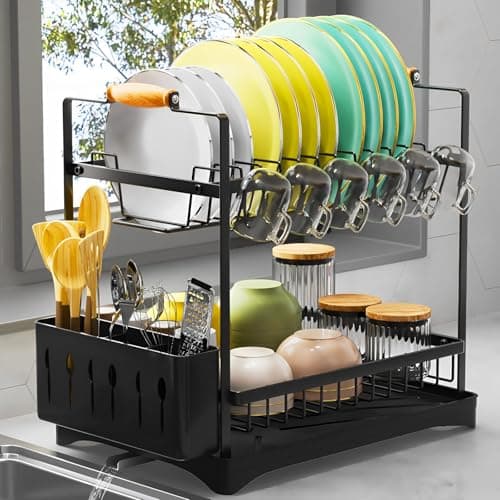 PXYHMUS 2-Tier Large Dish Drying Rack for Kitchen Counter with Drainboard and Cutlery Holder, 2 Tier Dish Drying Rack, Black,16.54" D x 11.81" W x 17.71" H