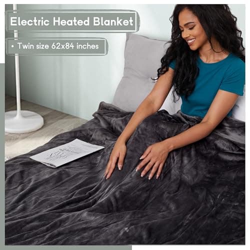 Minervada Heated Blanket Electric Blanket Twin Size 62''x84'', 5 Heating Levels 10 Hour Auto Shut Off Cozy Warmer Flannel Blanket ETL Certification - Dark Grey 5