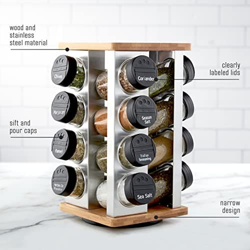 Kamenstein 16 Jar Warner Revolving Countertop Spice Rack Organizer with Lift & Pour Caps and Spices Included, FREE Spice Refills for 5 years, Stainless Steel & Bamboo with Black Caps 4