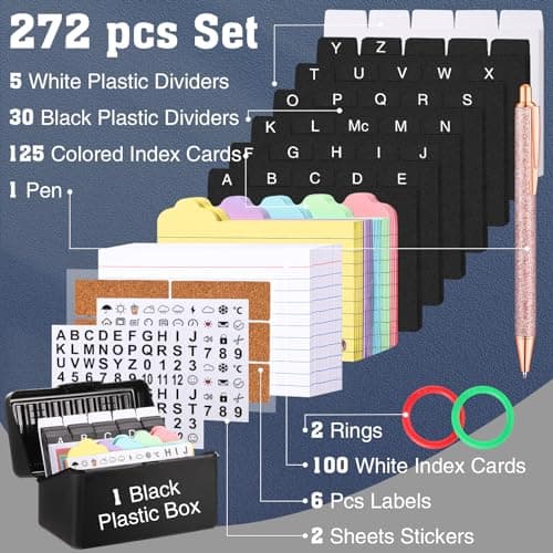 Index Card Set - 3x5, Organizer Box with Dividers, 100 Ruled, 125 Colored Cards, 35 Dividers, 6 Labels, 2 Stickers, 2 Rings, 1 Pen 2