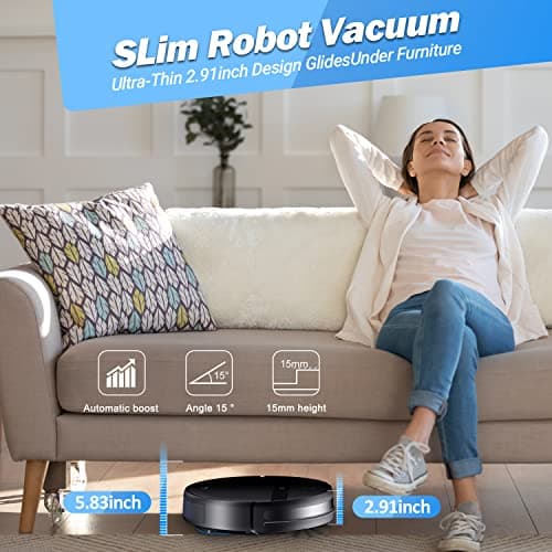 Kilgone Robot Vacuum, 1800Pa Robotic Vacuum Powerful Suction, Self-Charging, Robot Vacuum Cleaner, 120min Runtime, Slim, for Pet Hair Carpet Hard Floor 6