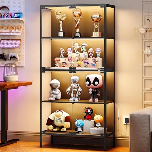 PEUKC 65" Glass Display Cabinet with 3-Color LED Light, Display Case with 4 Tempered Glass Doors and Shelves, Metal Frame Curio Storage Cabinet for Collectibles, Figures, Awards, Book, Toy (Black)