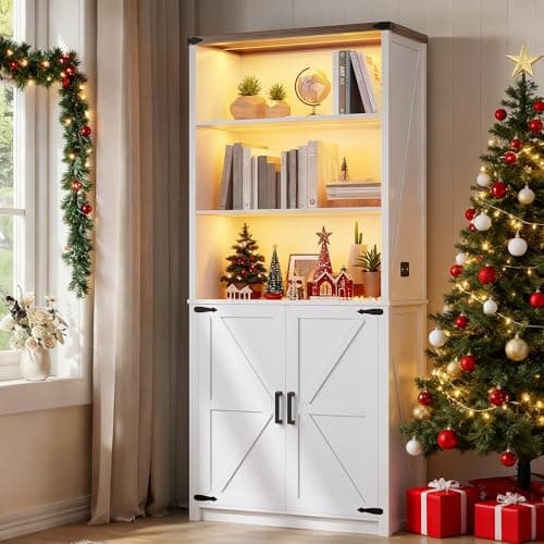 HWB Bookshelf and Bookcase with Doors, Farmhouse 5 Tier Book Shelves with Storage Cabinet, Floor Standing Bookcases with 3-Color Lights for Home Office, Living Room, Bedroom, White