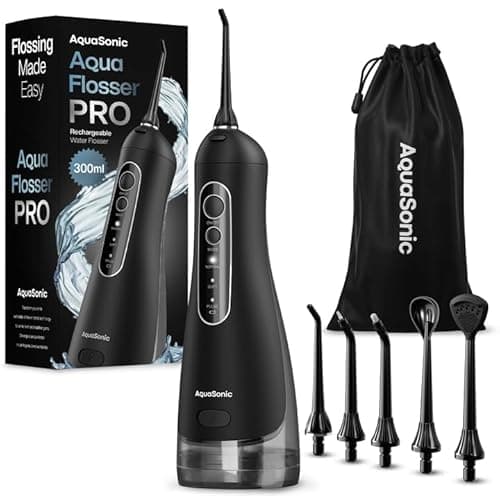 AquaSonic Aqua Flosser PRO - Rechargeable Electric Cordless Water Flosser for Teeth, Gums & Tongue - Waterproof Modern Design, 300ml Large Tank, 3 Modes, 6 Jet Tips, Deluxe Tongue Nozzle - Black