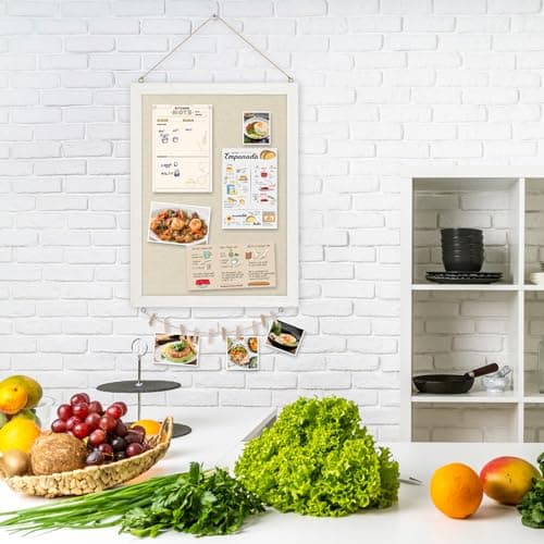 DOLLAR BOSS Bulletin Boards with Linen 1-Pack 16''X 12'' Double-Sided Cork Board for Walls Wood Framed Bulletin Boards, Small Pin Board for Home Kitchen Office Decorative Hanging 10 Pushpins 7