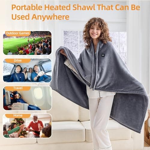 greenoak USB Portable Heated Electric Blanket - Cordless Heated Throw Blanket for Outdoor with 3 Heating Levels/Wearable Shawl Gifts for Travel,Camping,Bed, Marble Grey Standard(Battery Not Included) 5