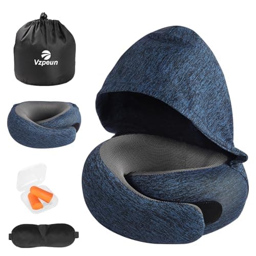 Vzpeun Travel Pillow - Hooded Neck Pillow Airplane Memory Foam Filling for Plane, Office, Cars Sleeping, Road Trip, Long Flights, Portable Plane Accessories, Includes Eye Mask & Earplugs (Full Blue) 7
