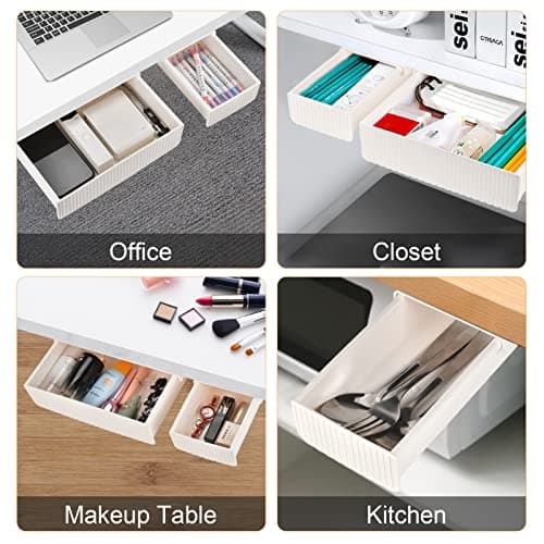 YOOUSOO 2 Pack Under Desk Drawer Storage, Under Desk Organizer, Hidden Self-Adhesive Desks Drawers Slide-out, Stick on Desks Drawer White, Under Mount Drawers for Office/Classroom/Home 6