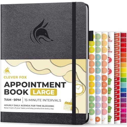 Clever Fox Appointment Book – Hourly Schedule Planner with 15-Minute Increments – Time Box Planner for Daily Work & To-Dos – Weekly & Monthly Spreads, Undated, Hardcover, 8.3x11″ (Silver Black)