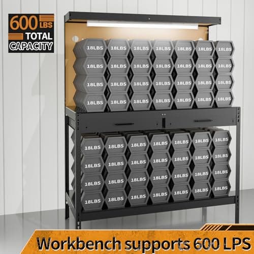 Work Benches for Garage, Heavy Duty Workbench with Drawers Lights Pegboard & 12 Hooks, 600LBS Capacity Suitable for Tool Organizers and Storage, for Garage Workshop Basement Workshop Garden & Shop 6