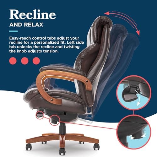 La-Z-Boy Big and Tall Trafford Executive Office Chair with AIR Ergonomic Support Technology, High Back Ergonomic Chair with Lumbar Support, Bonded Leather, Brown 10