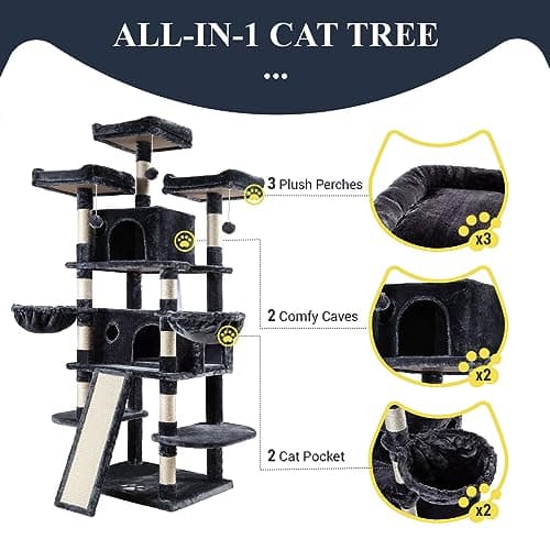 Allewie 68 Inches Cat Tree/House and Towers for Big Feline/Scratching Post/Multi-Level Large Kitty Climbing Tree with Condo/Smokey Grey 5
