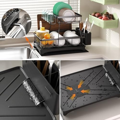 Godboat Dish Drying Rack, 2-Tier Dish Rack with Auto-Drain & Mat, Dish Racks for Kitchen Counter, Dish Drainer with Knife, Fork & Cup Rack, Gifts for Women, Mothers Day, Cool Stuff & Kitchen Gadgets 6