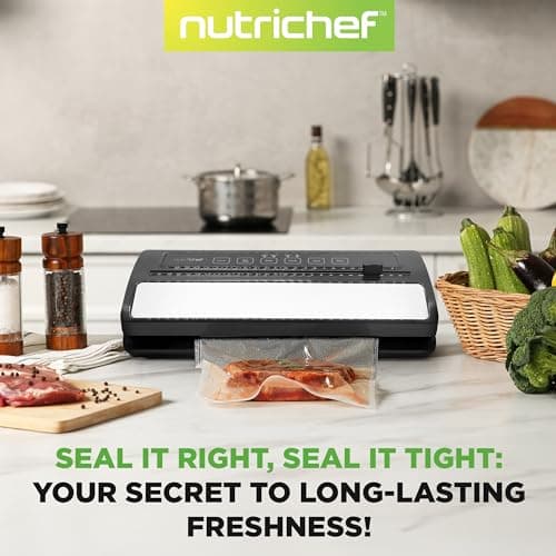 NutriChef Vacuum Sealer | Automatic Vacuum Air Sealing System For Food Preservation w/ Starter Kit | Compact Design | Lab Tested | Dry & Moist Food Modes | Led Indicator Lights (Black), EWE 6