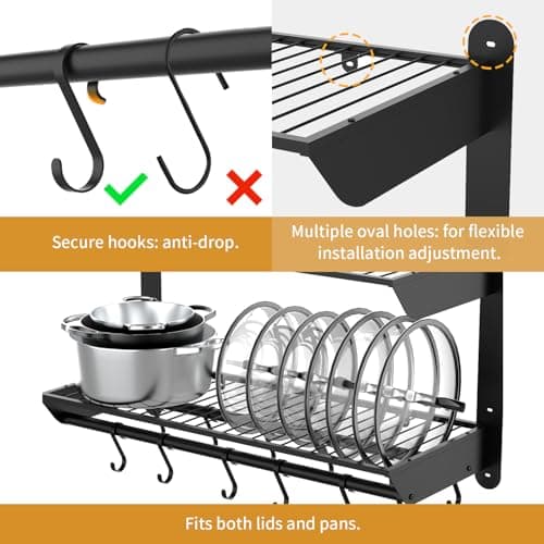 Taozun 30 Inch Pot and Pan Organizer, 2 Tier Heavy Duty Pot Rack Wall Mounted with 12 Hooks, Kitchen Cookware Utensils Hanger Organizers and Storage 2