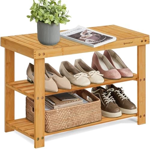 SONGMICS Shoe Rack Bench, 3-Tier Bamboo Shoe Storage Organizer, Entryway Bench, Holds Up to 286 lb, 11.3 x 27.6 x 17.8 Inches, for Entryway Bathroom Bedroom, Natural ULBS04N