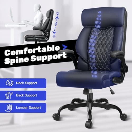 High Back Executive Office Chair - Ergonomic Computer Desk with Rocking Function, Leather Managerial with Adjustable Flip-Up Armrests and Lumbar Support 8
