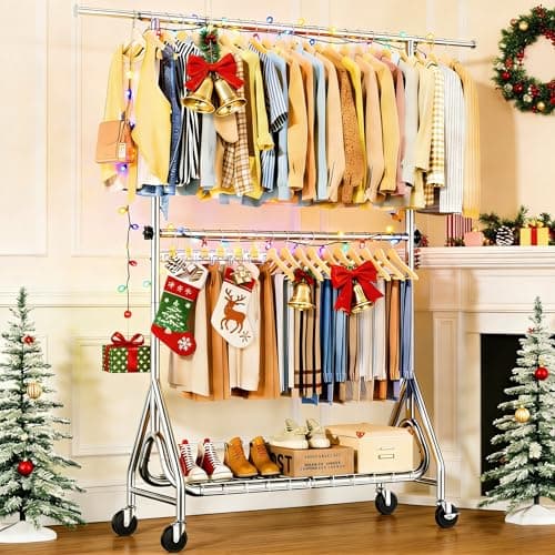 JIEJIERUI Heavy Duty Clothes Rack for Hanging Clothes, Double Rods Clothing Rack with Lockable Wheels, Rolling Garment Racks with Shelf, Easy to Assemble, Silver 8