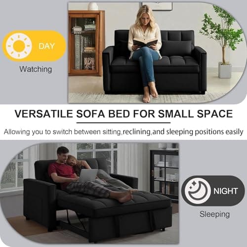 Trygoal Convertible Sofa Bed, Pull Out Sofa Bed with Adjustable Backrest, 3 in 1 Velvet Fabric Loveseat Sleeper Sofa Bed Couch with Side Pockets for Living Room, Bedroom, Apartment, Black 8