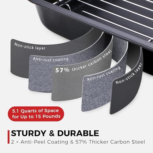 HONGBAKE Small Roasting Pan with Flat Rack for 15 Lb Turkey, 16 X 11.5 Inch Nonstick Chicken Roaster Tray for Oven, Baking Pans for Cooking Lasagna with Stainless Steel Handles 5