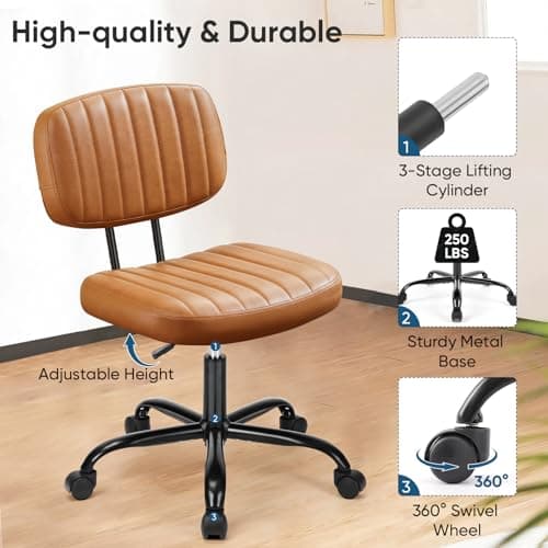 DUMOS Armless Home Office Desk Chair -Small Ergonomic with Low Back Lumbar Support, Height Adjustable PU Leather Computer Task with 360° Swivel Rolling Wheels, for Small Space, Brown 5