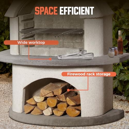 BIG HORN PRIME Concrete Outdoor Fireplace with Grill, Wood Burning Fireplace with Wood Storage and Chimney, Include Grill Rack & Charcoal Pan, 79.9”H 5