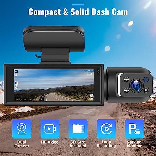 CAMECHO Dual Dash Cam 1080P Front and Inside Dash Camera for Cars 2 Channel Dashcam, 3.16" IPS Screen, IR Night Vision, Loop Recording, 24hr Parking Mode, Car Camera with 32GB TF Card Driving Recorder 8