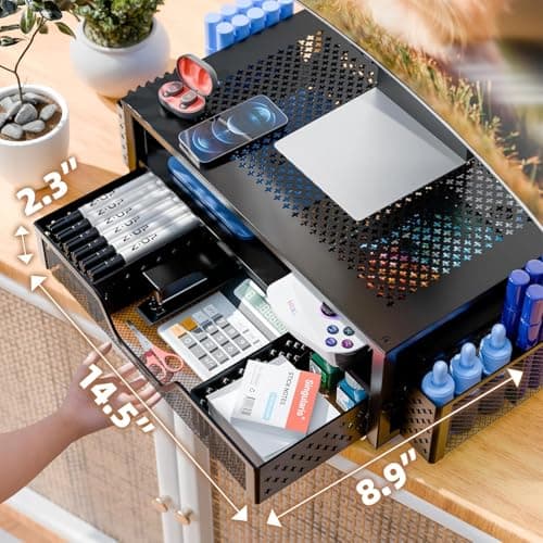 Simple Trending Desk Organizer and Accessories, 2 Tier Computer Metal Monitor Stand Riser with Drawer and Pen Holder for Laptop, Computer, iMac, Black 5
