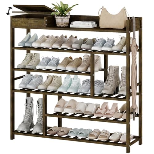 Bamworld Shoe Rack for Front Door Entrance Bamboo Shoe Organizer with Storage Box Free Standing Shoe Cabinet Wooden Shoe Storage Shelf for entryway, Closet and Doorway (Dark Brown)