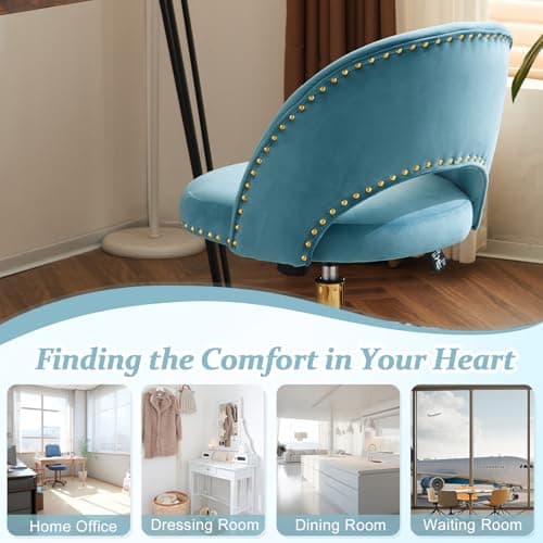 VINGLI Modern Velvet Small Office Chair,Cute Desk Chair with Wheels,Gold Base/Studs, Comfy Armless Swivel Vanity Task Chair for Women/Girl/Kids, Nail Tech Chair for Bedroom,Small Space,Cruising Blue 7