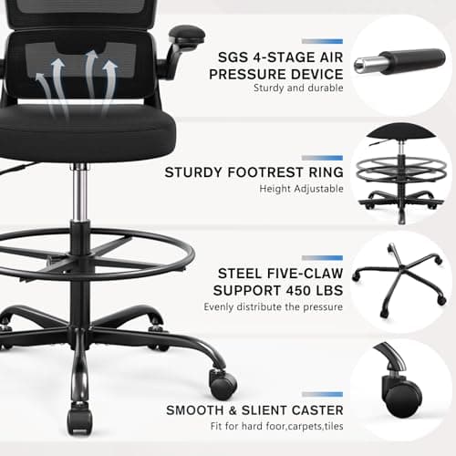 Ergonomic Drafting Chair with Footrest,Tall Office Chair for Standing Desk with Flip-up Armrests with Breathable Comfy Mesh Support and Adjustable Foot Rest Ring(Black) 5