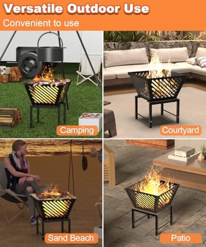 Mondazie Outdoor Fire Pit — 17 Inch Portable with Storage Bag for Camping, Patio Heating, Picnic and BBQ, Trapezoid Diagonal Hollow, Black 8