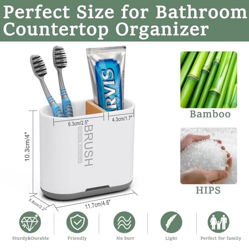 Toothbrush and Toothpaste Holder with Bamboo Divider for Bathroom Countertop Organizer, Detachable for Easy Clean, 2 Slots Electric Toothbrush Holders Storage Caddy Drainage for Family-White 4