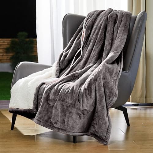 Heated Blanket Electric Throw - Soft Fleece Flannel Heating Warming Blankets with Auto Shut Off for Couch Office Chair Bed Adults Machine Washable 50x60 Grey 4