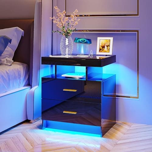 HNEBC Auto LED Nightstand with Wireless Charging Station & USB Ports,High Gloss Bedside Tables with 2 Drawers,Floating Nightstand with 3 Color & Adjustable Brightness for Bedroom,Black