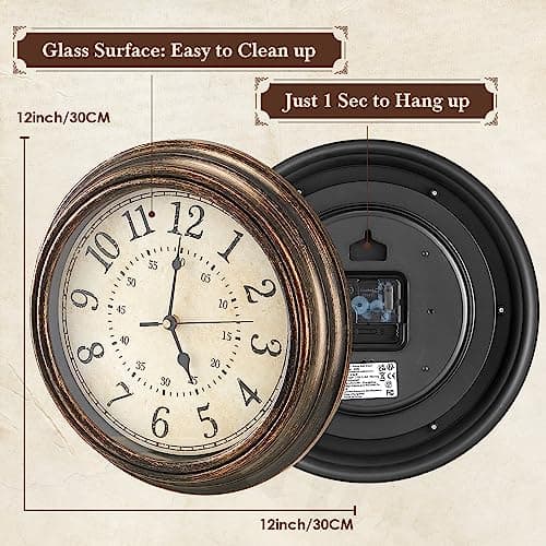 Mubarek Wall Clocks Battery Operated & 12 Inch Large Clock,Keep-Accurate-Time For Living Room Decor,Easy to Read Clock,15dB Quiet Operated,Wall Vintage 5