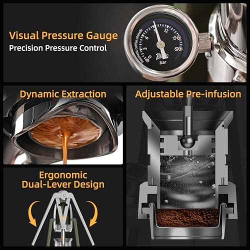 Bincoo Manual Espresso Maker Set - Hand Press Espresso Machine – 12Bar Pressure Profiling, Dual-Lever Manual Coffee Maker with Pre-Infusion, Portable for Custom Espresso Shots, Stainless Steel 8