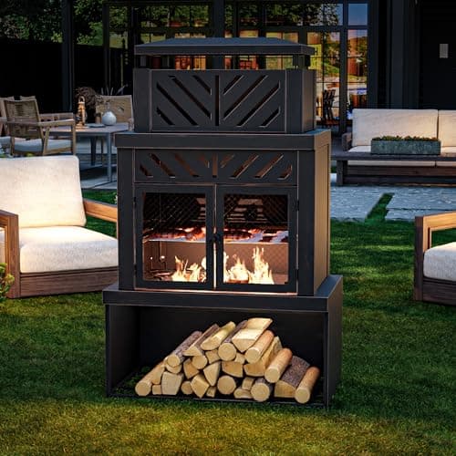 Outdoor Fireplace with Chimney and Wood Storage, Metal Wood Burning Fire Pit with Heat Resistant Gloves, Fire Poker and Grill Mesh, Outside Fireplace for Patio, Garden and Deck, Black