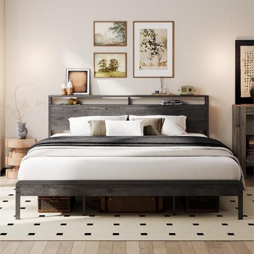 LIKIMIO California King Bed Frame with Headboard, Dark Wood Camas California King with Strong Supports, Sturdy, Noise-Free, No Box Spring Needed, Charcoal Grey