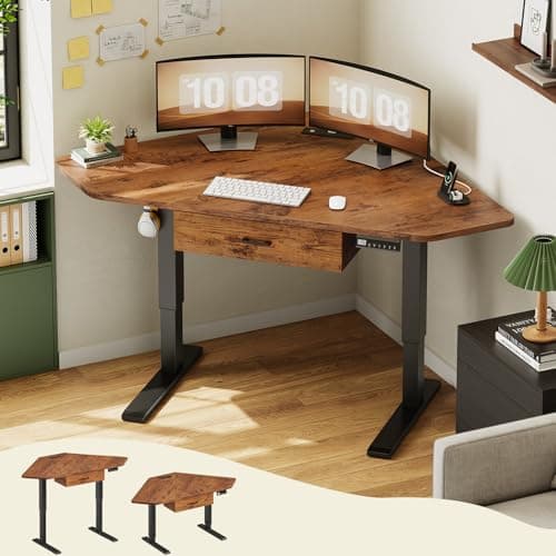 SEDETA Corner Electric Standing Desk, 32'' Small Height Adjustable Computer Desk with Drawer for Gaming, Small Space, Stand up Home Office Writing Desk, Rustic Brown