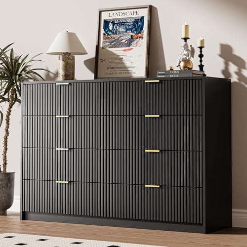 MAISONARIA Black Dresser for Bedroom, 8 Drawer Double Dresser, Modern Chest of Drawers for Bedroom, Living Room, Entryway and Closet, 55" L x 15.7" D x 37.4" H