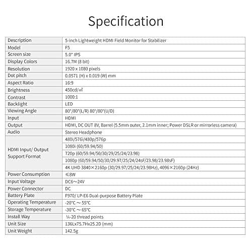 FEELWORLD F5 5 Inch DSLR On Camera Field Monitor Small Full HD 1920x1080 IPS Video Peaking Focus Assist with 4K HDMI 8.4V DC Input Output Include Tilt Arm 9