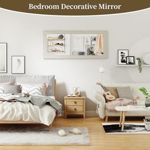 Syndra Modern Full Length Mirror Wood Frame, 56x20'' Large Floor Mirror with HD Tempered Glass & Wall Mount Option, Rectangular Standing Mirror for Bedroom, Living Room, Entryway, Farmhouse(Off-White) 6