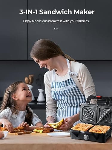 AMEGAT 3 in 1 Sandwich Maker, Waffle Maker with Removables Plates, Panini Press Waffle Iron Set with 5-gear Temperature Control, Non-stick Coating Cool Touch Handle Anti-skid Feet for Breakfast, 1200W 8