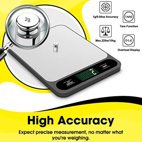 Mik-Nana Food Scale, 10kg/22lb Digital Kitchen Scale Weight Grams and Ounces for Baking Cooking Coffee Package Postage, 6 Units with Tare Function, LCD Display, Easy Clean Stainless Steel 6