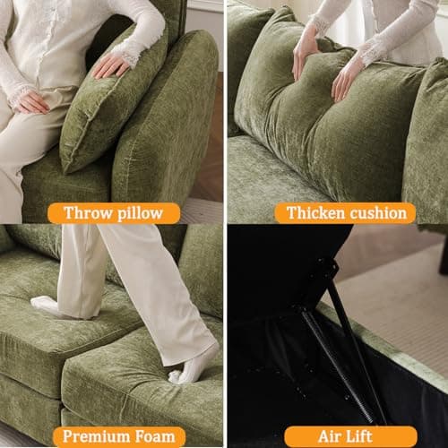 Rexulqo Oversized Accent Chair with All Seats Storage,Comfy Living Room Chairs with 2 Throw Pillow,Upholstered Mid-Century Armchair,24.5'' Deep Seat,Reading Chair for Bedroom,Office,Chenille,Green 6