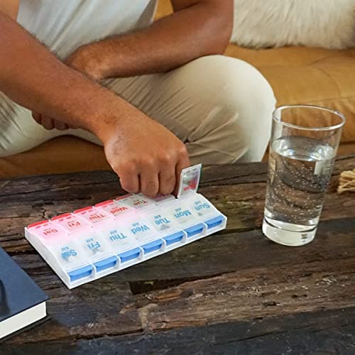 EZY DOSE Push Button (7-Day) Pill Case, Medicine Planner, Daily Vitamin Organizer, 2 Times a Day AM/PM, Large Compartments, Arthritis Friendly, Easy to Use, Clear Lids, Red/Blue, BPA Free 5