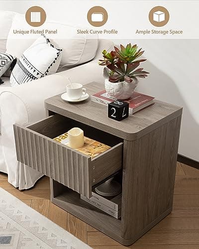 SICOTAS Night Stand Set of 2 Nightstands with Drawer Storage Fluted Bed Side Table End Table Large Modern Wide Bedside Stand Mid Century Night Stands for Bedroom Living Room Sofa Office, Grey Alder 6