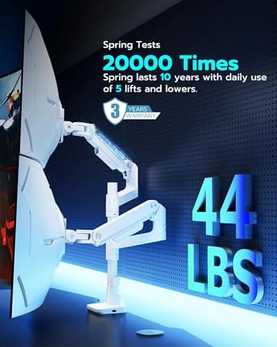 ARES WING Dual Monitor Arm for Ultrawide Heavy Duty Curved Monitor Stacking, Fits 17-49 Inch, Vertical Gas Spring Double Monitor Stand with USB, Adjustable Dual Monitor Mount for Desk, White 5