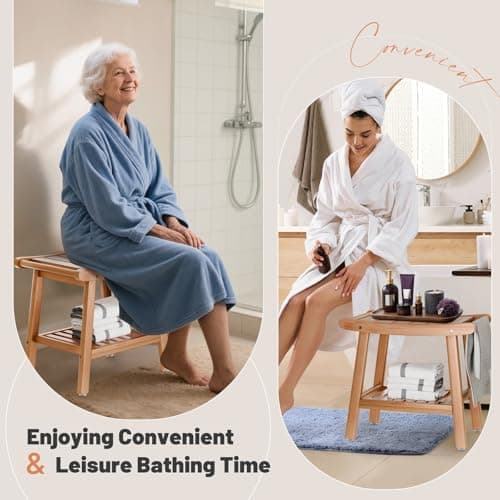 Bamboo Shower Bench for Inside Shower to Sit on,Waterproof Shower Stool for Shaving Legs,Spa Bathroom Shower Chair with Storage Shelf, Bathroom Bench Seat for Senior Adult Disabled Elderly 7